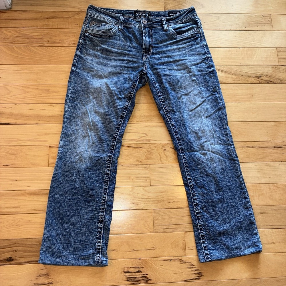 Salvage Mayhem Boot Regular Fit Mens Denim Blue Jeans 33x30 Buckle Exclusive